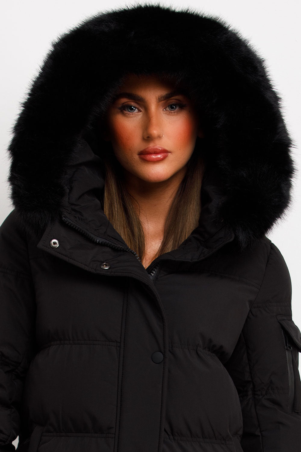 womens black faux fur hood puffer padded down coat