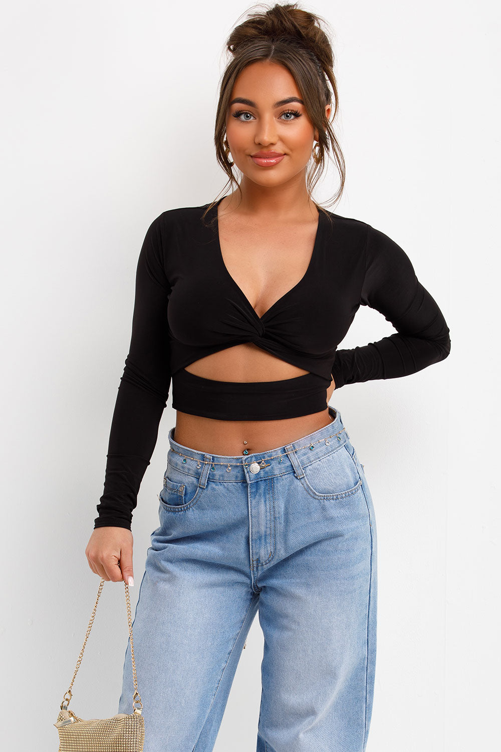 cut out long sleeve twist front festival top