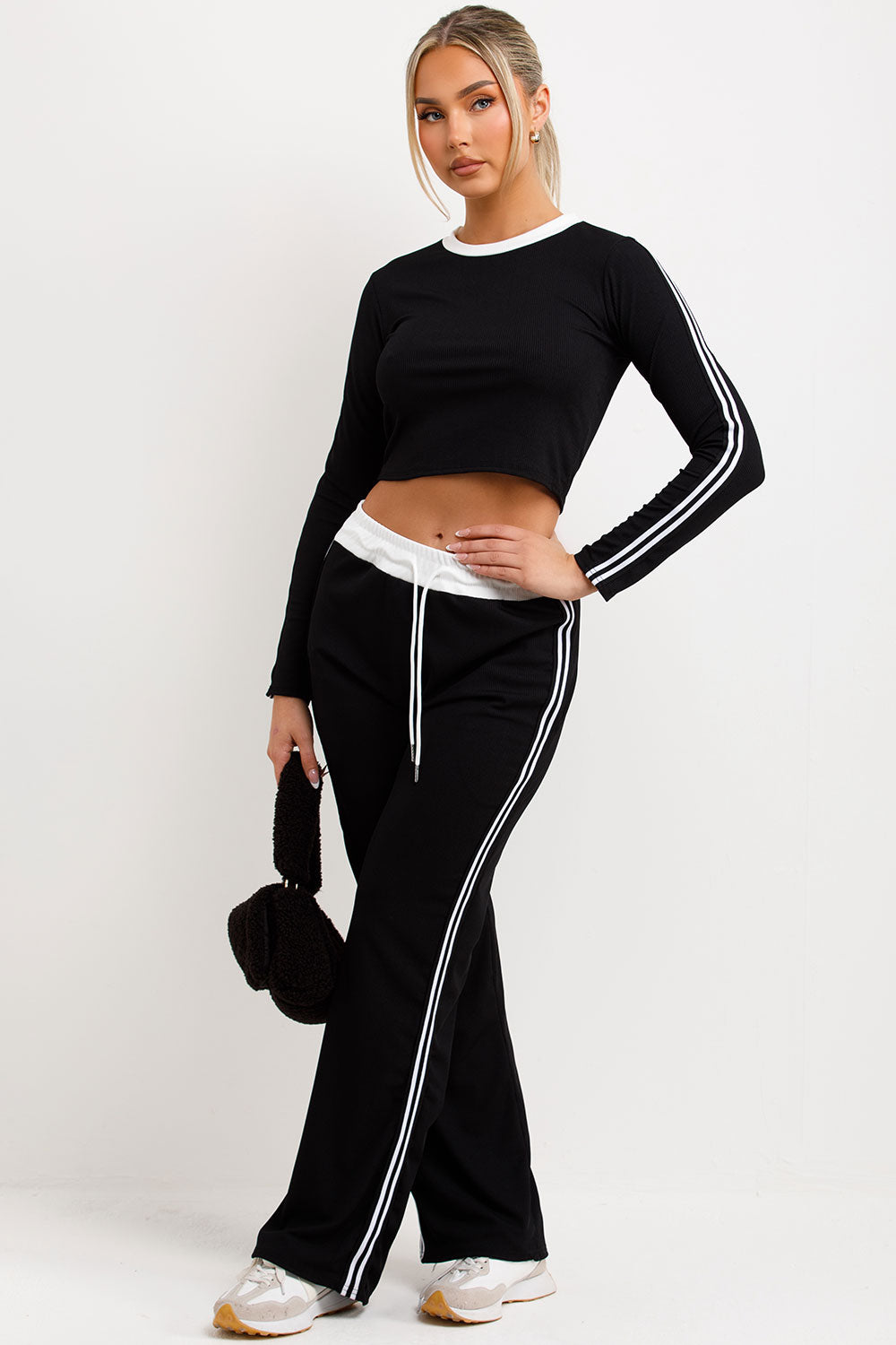 contrast side stripe wide leg trousers and long sleeve crop top two piece tracksuit set black
