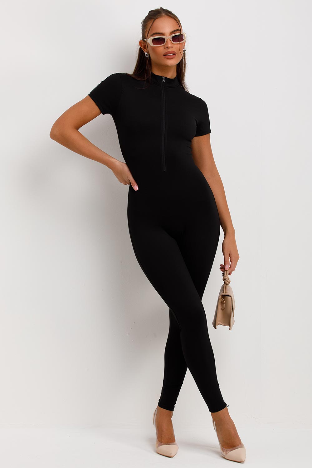 black short sleeve zip front sculpt contour jumpsuit
