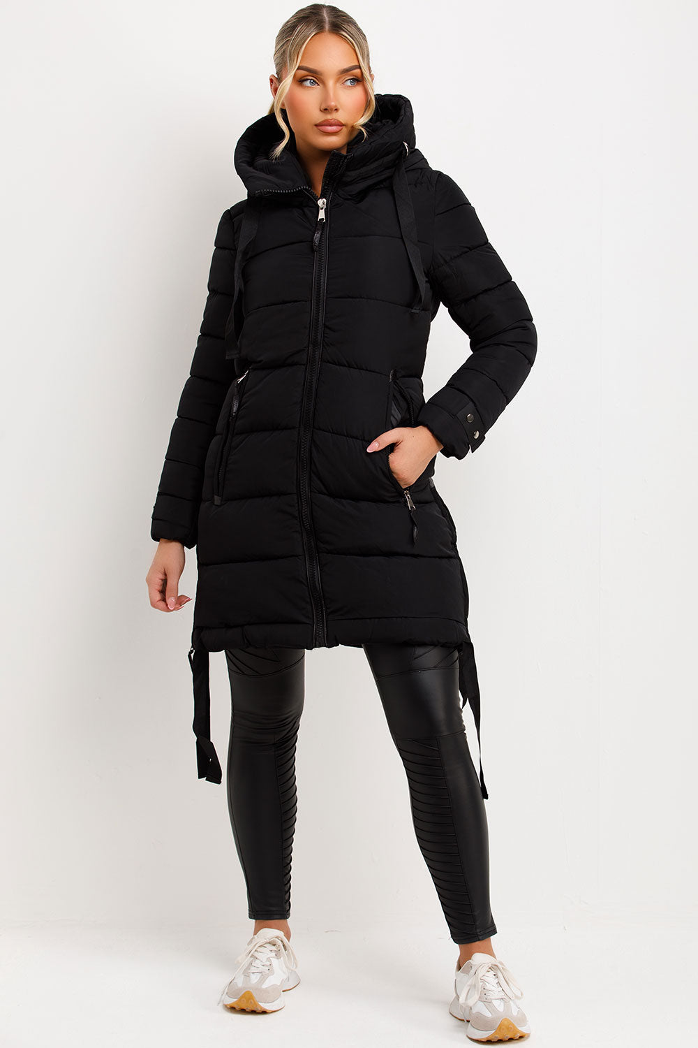womens long puffer padded hooded black coat with side straps outerwear