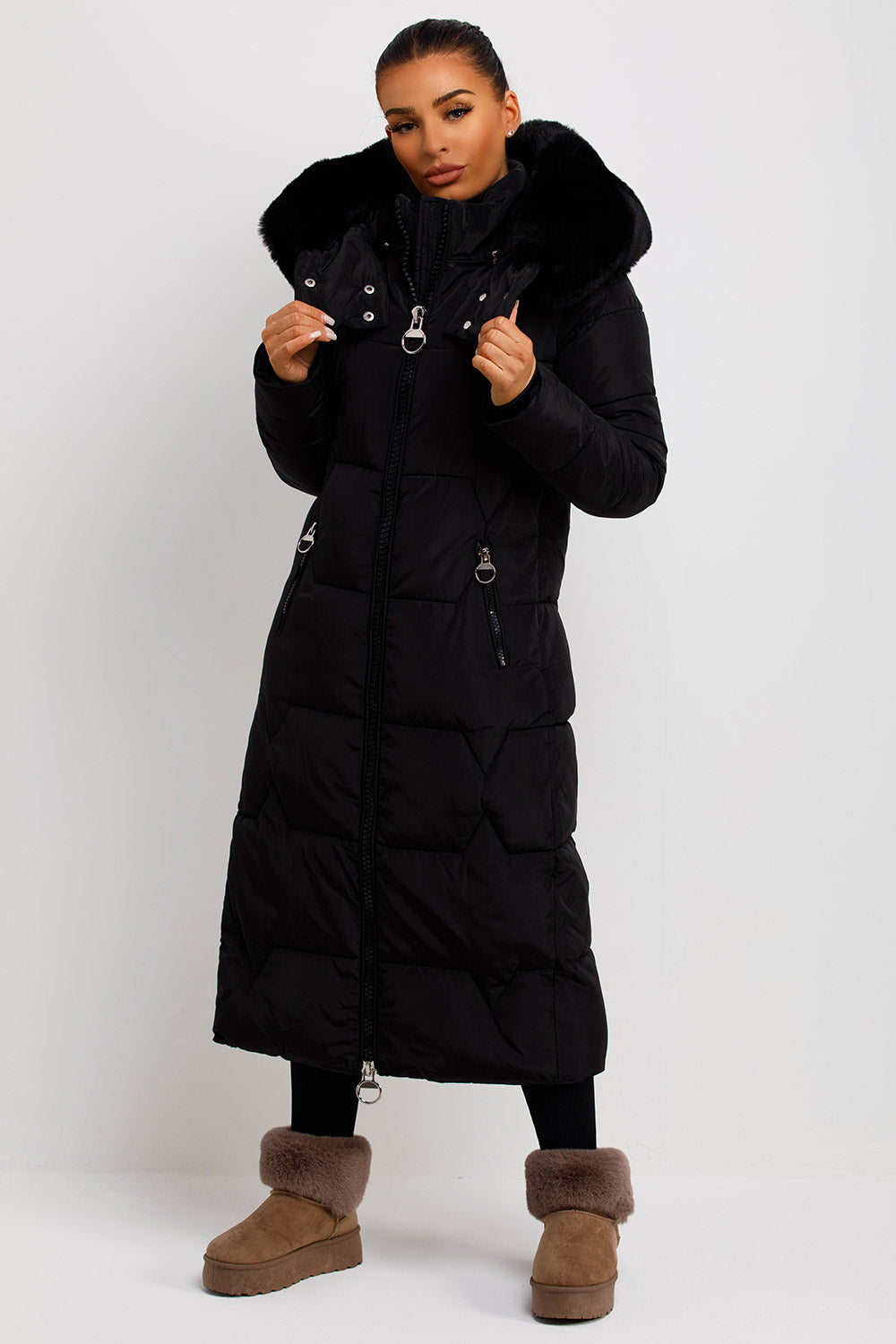 womens long puffer coat with faux fur hood