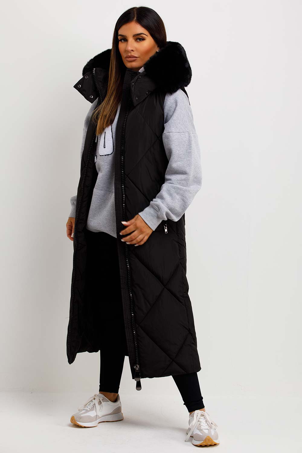 womens puffer padded longline gilet with fur hood