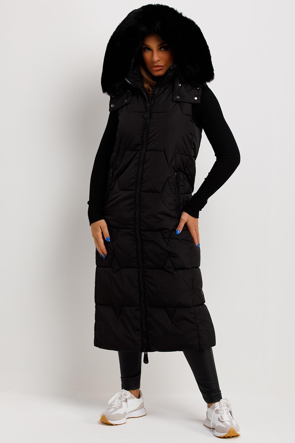 faux fur hood puffer gilet