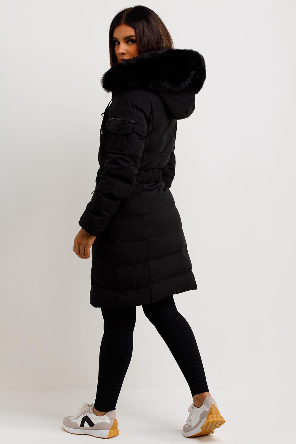 womens padded puffer long coat with fur hood