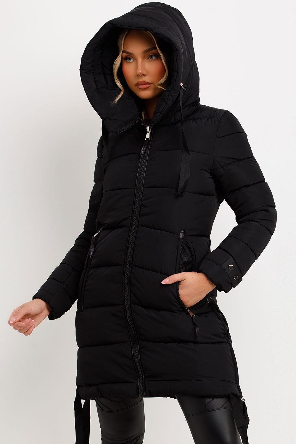 womens black long winter coat with hood styledup