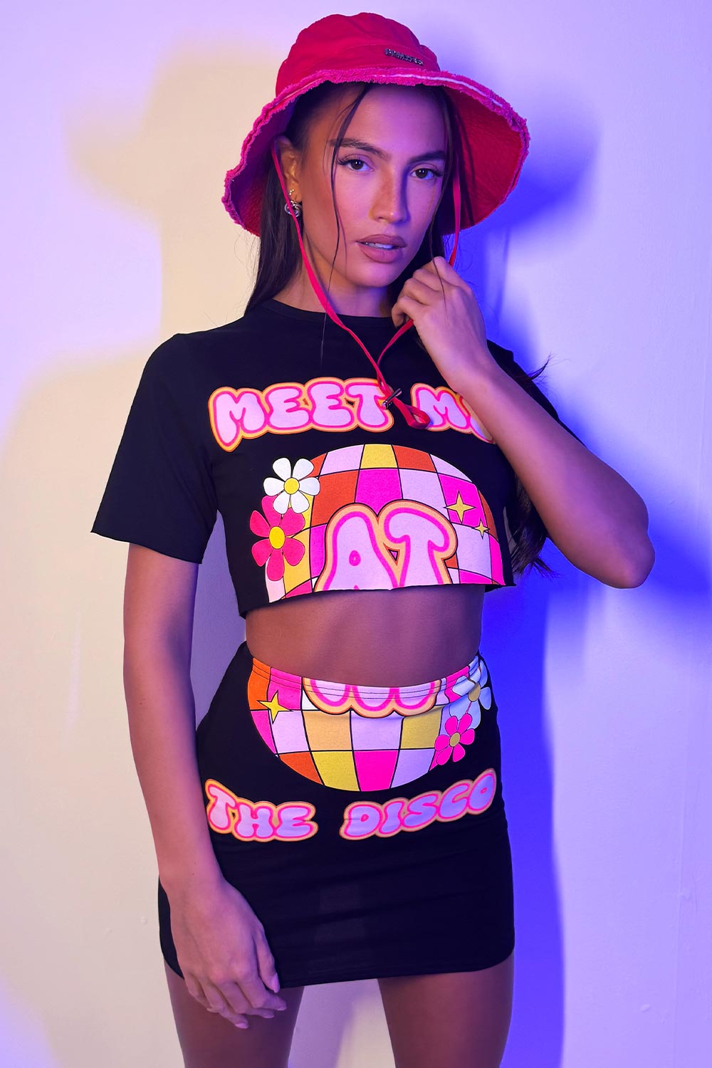 womens summer music festival rave outfit crop t shirt and mini bodycon skirt co ord with meet me at the disco print
