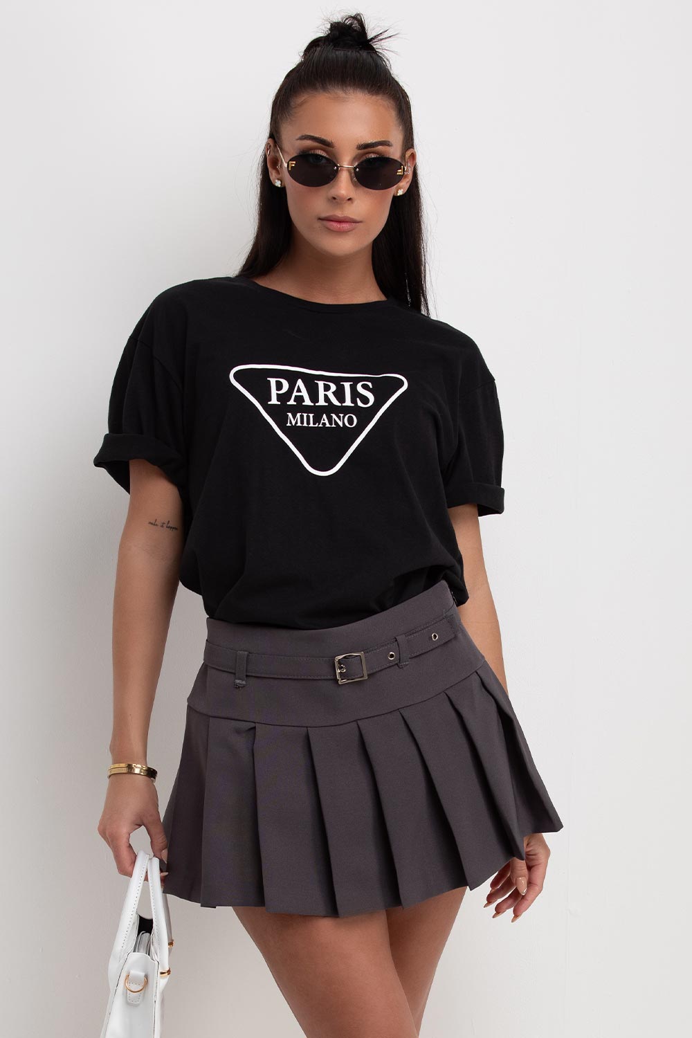 black t shirt with paris milano print womens casual outfit