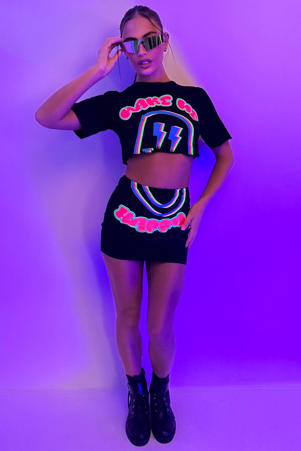 womens summer holiday festival rave outfit skirt and crop top set with neon smiley face and make me happy printuk