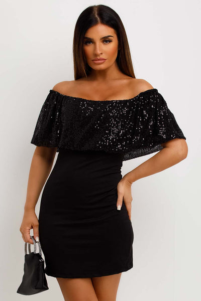 Black Sparkly Sequin Bardot Bodycon Dress Going Out Party Outfit