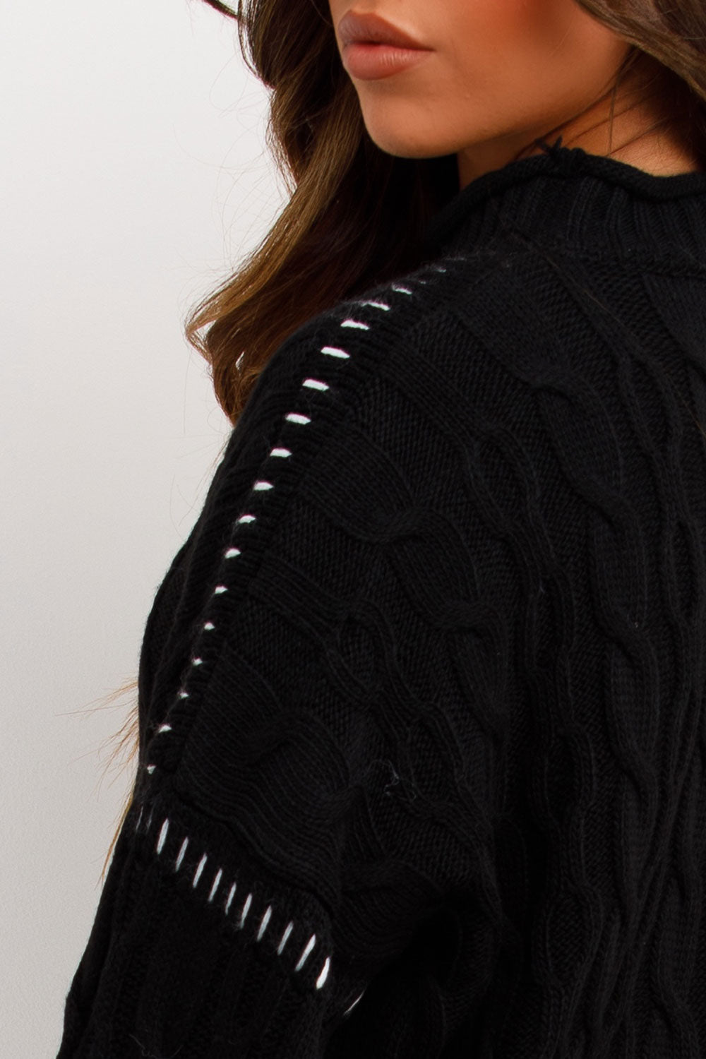 womens cable knit jumper with contrast stitches styled up