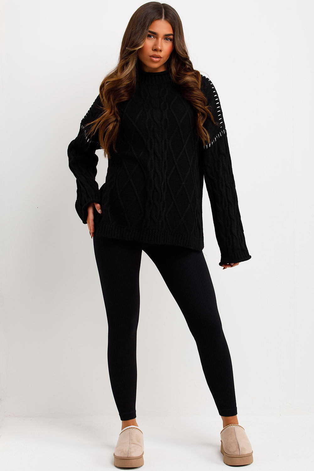 long sleeve knitted jumper with contrast stitches styled up