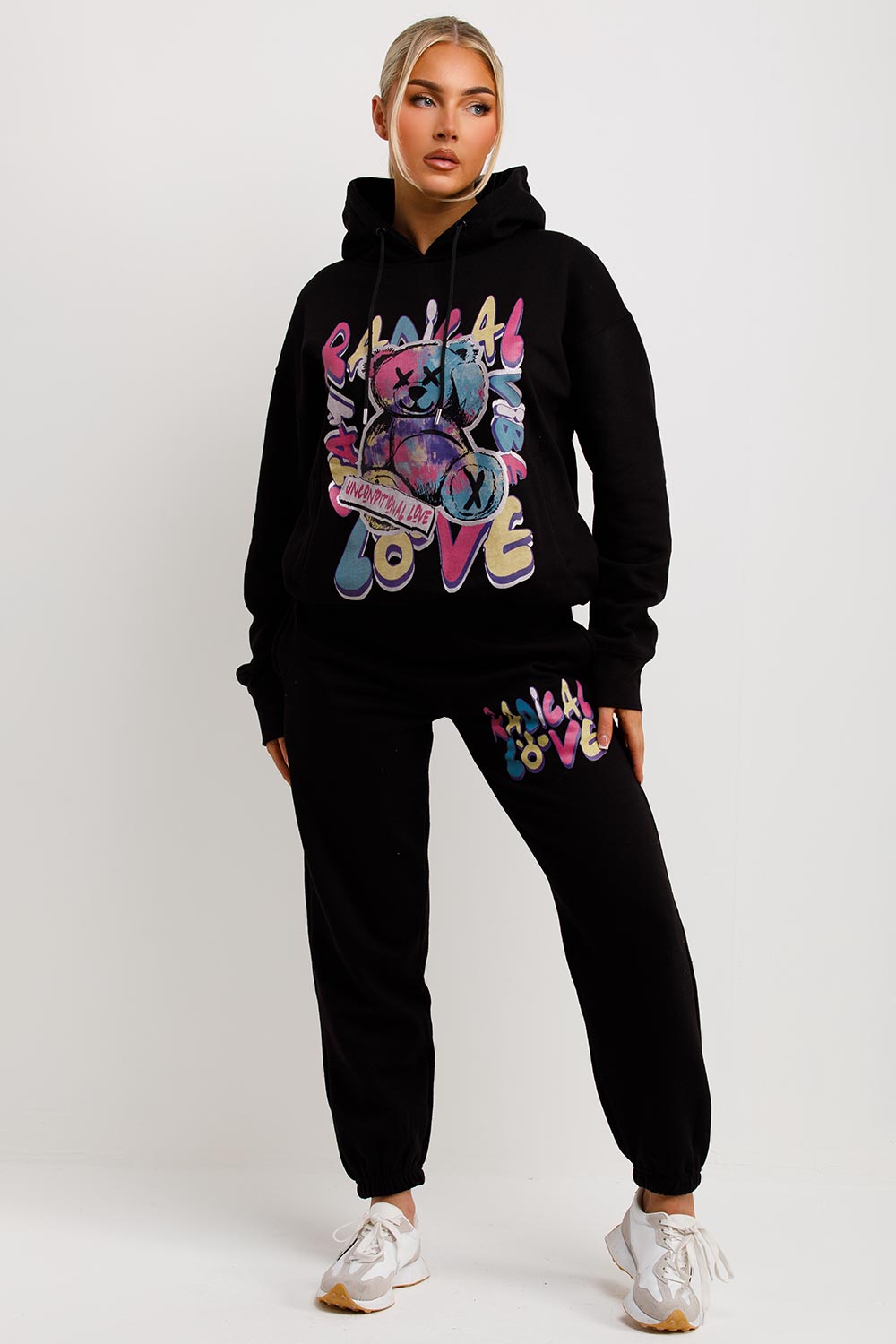 womens tracksuit oversized hoodie and joggers set radical teddy graphic print