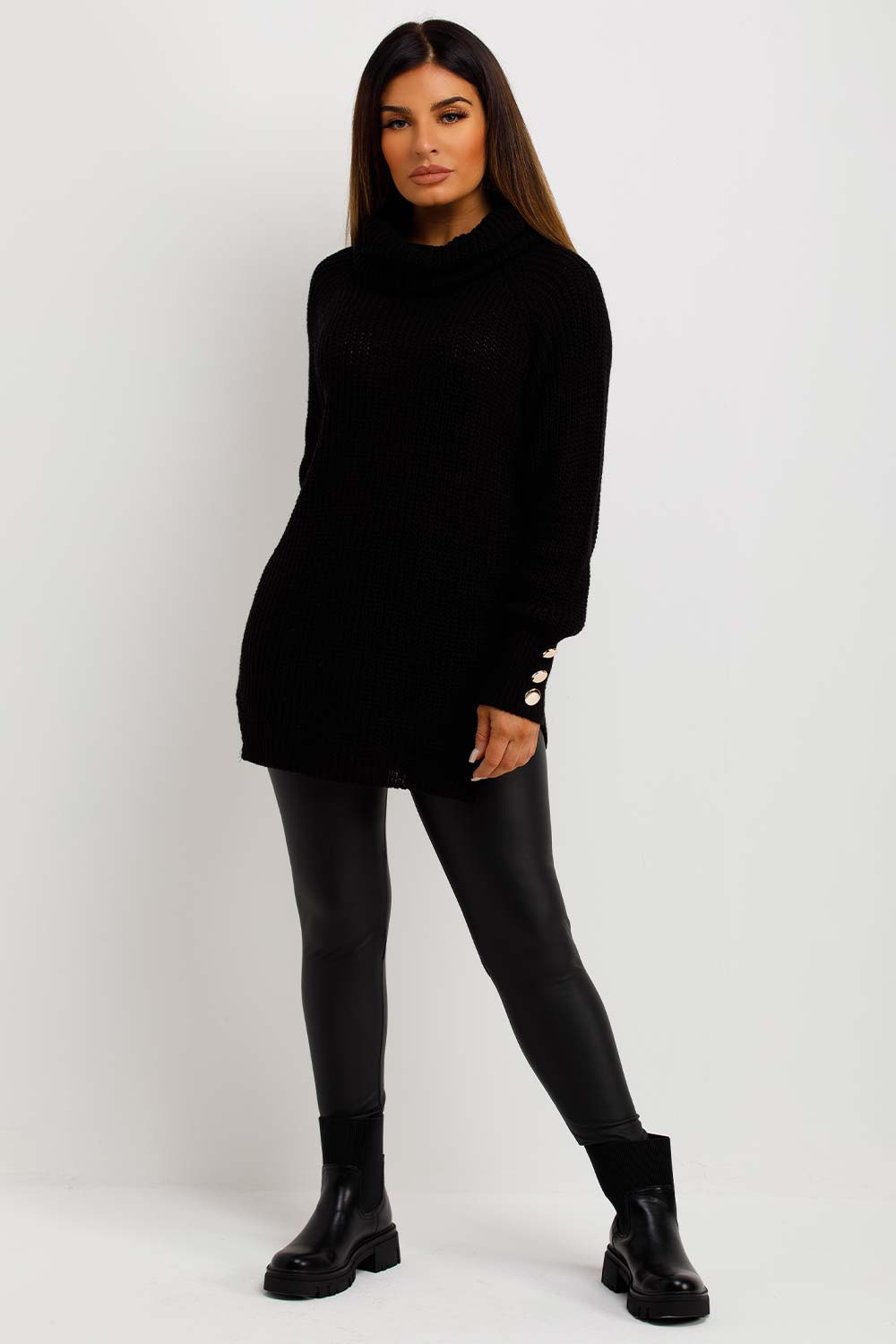 womens knitted roll neck jumper with gold buttons