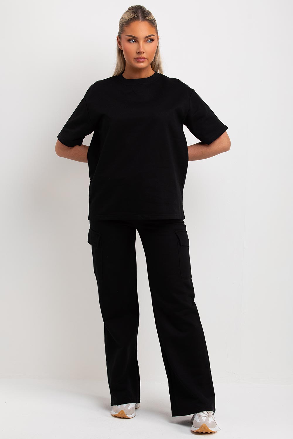 womens black loungewear set wide leg trousers with cargo pockets and t shirt co ord set