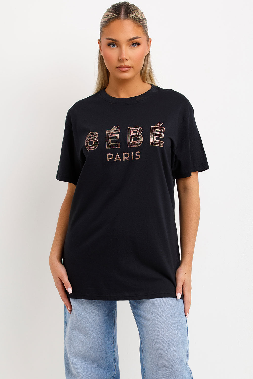 black t shirt with bebe paris slogan