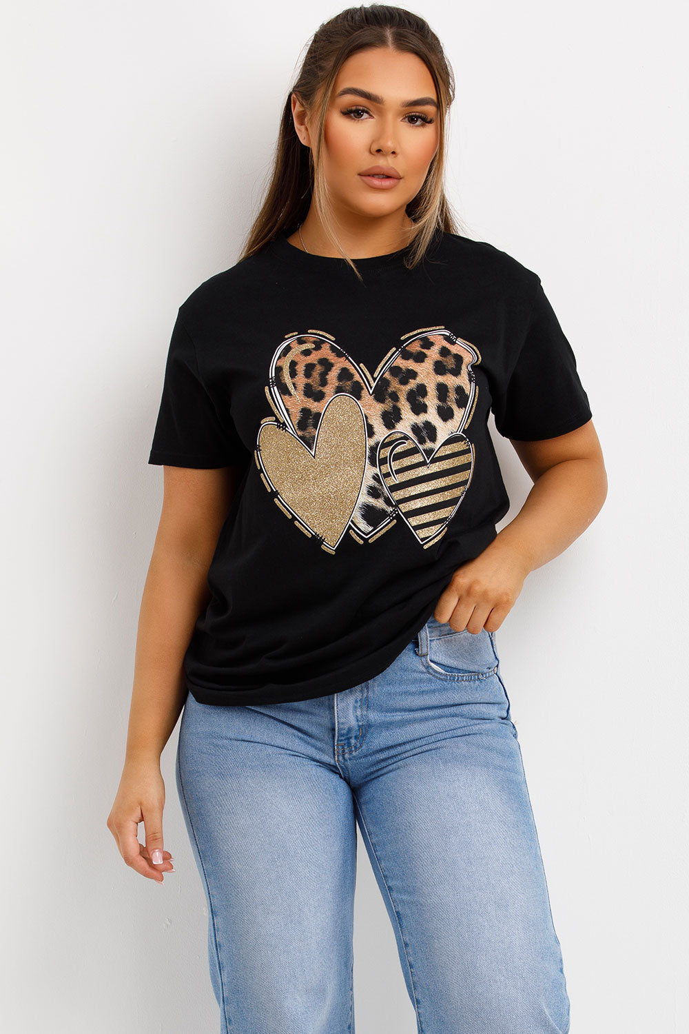 black t shirt with leopard print heart graphics