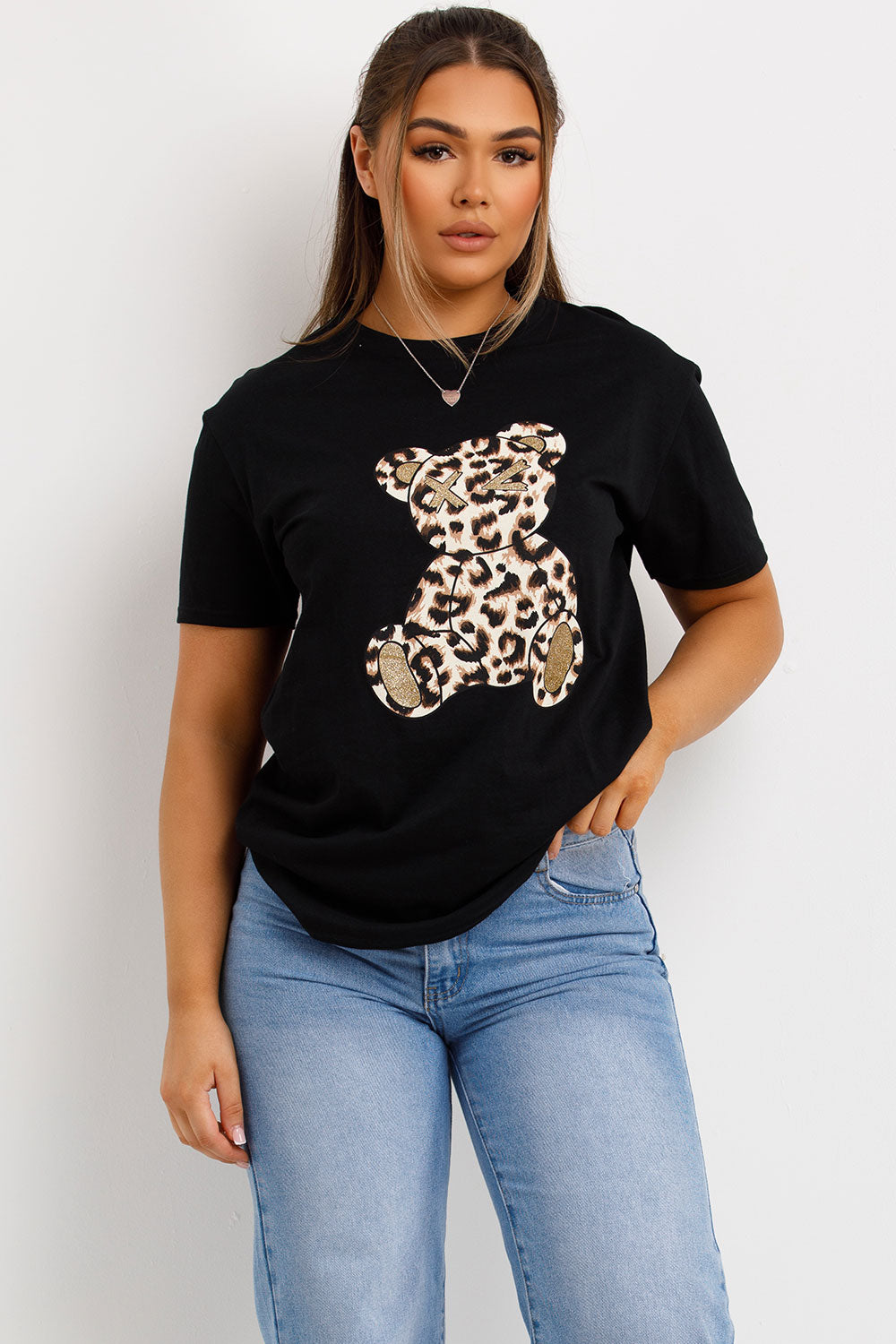 womens black oversized t shirt with leopard print teddy bear