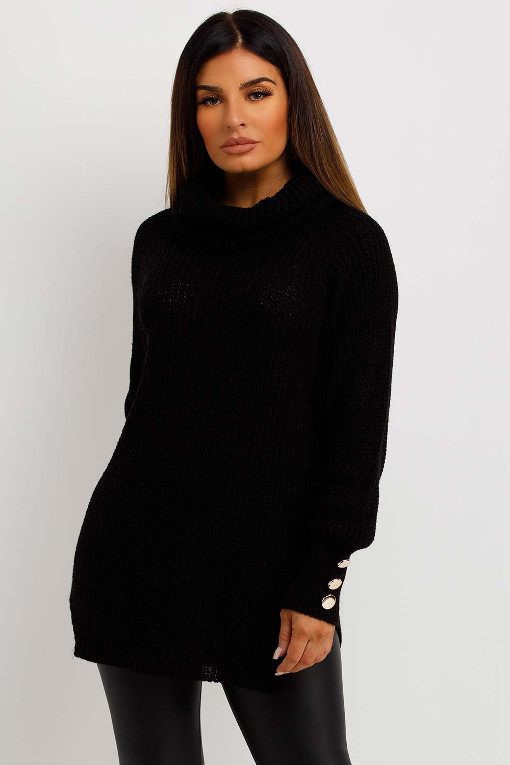 gold button roll neck knitted jumper womens