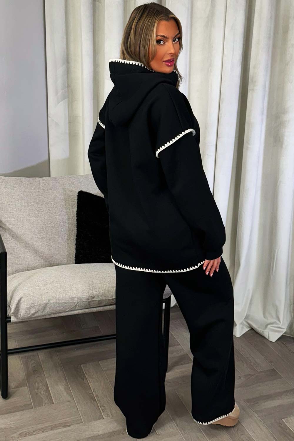 black hoodie and straight leg joggers loungewear set womens