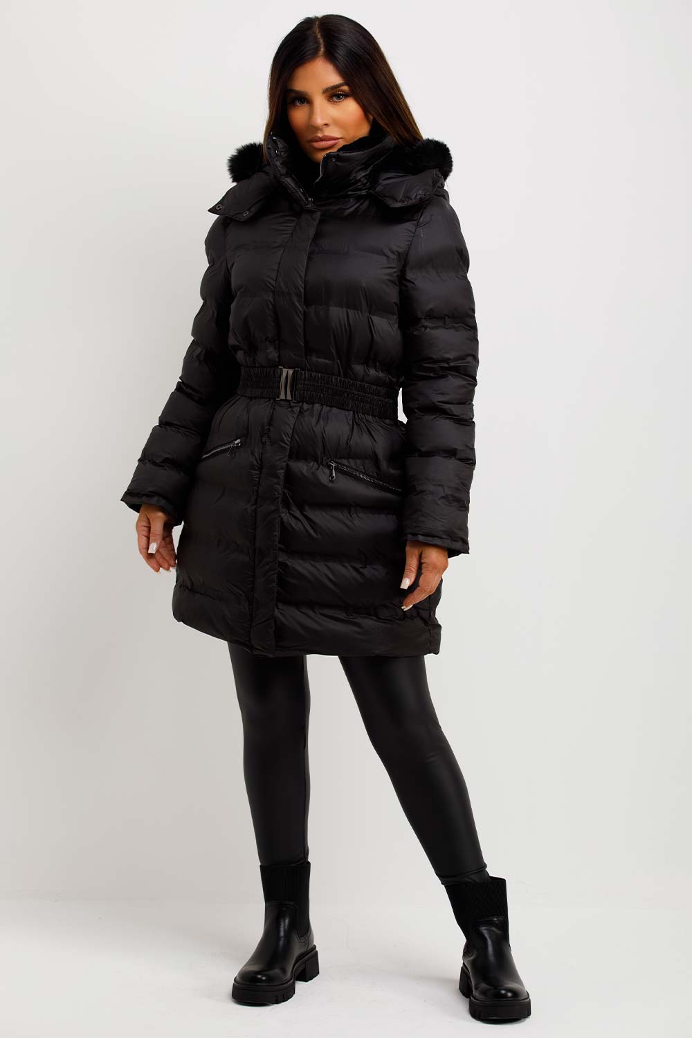 womens padded puffer coat with belt and fur hood