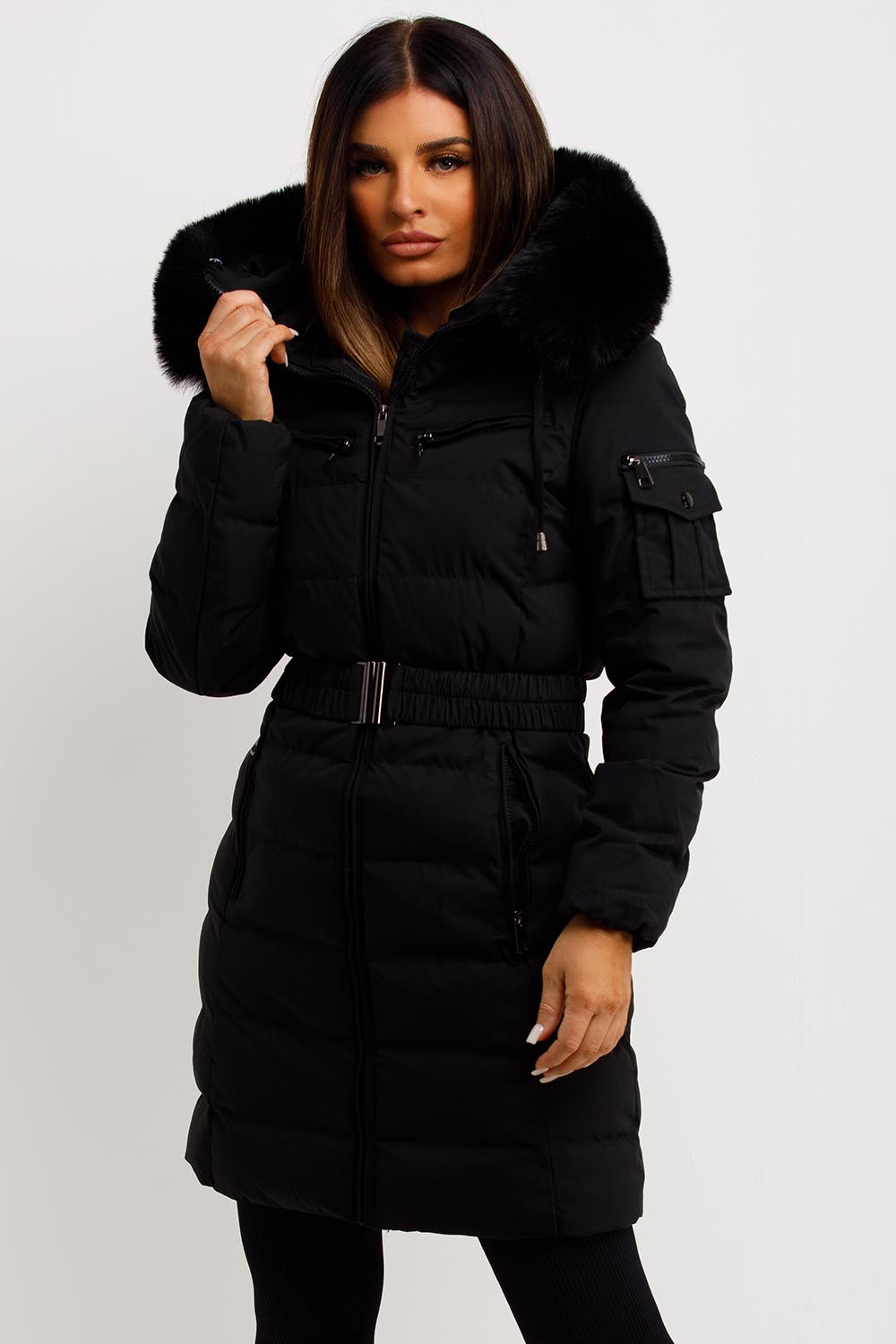 womens padded puffer longline coat with fur hood womens