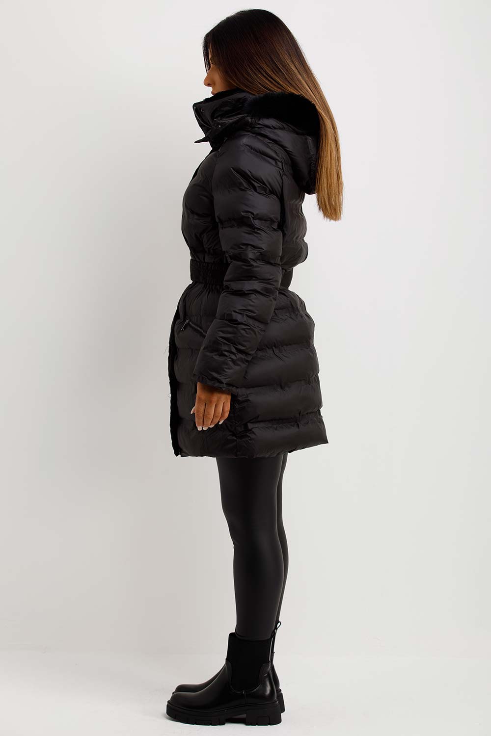 womens puffer padded coat with belt and fur hood