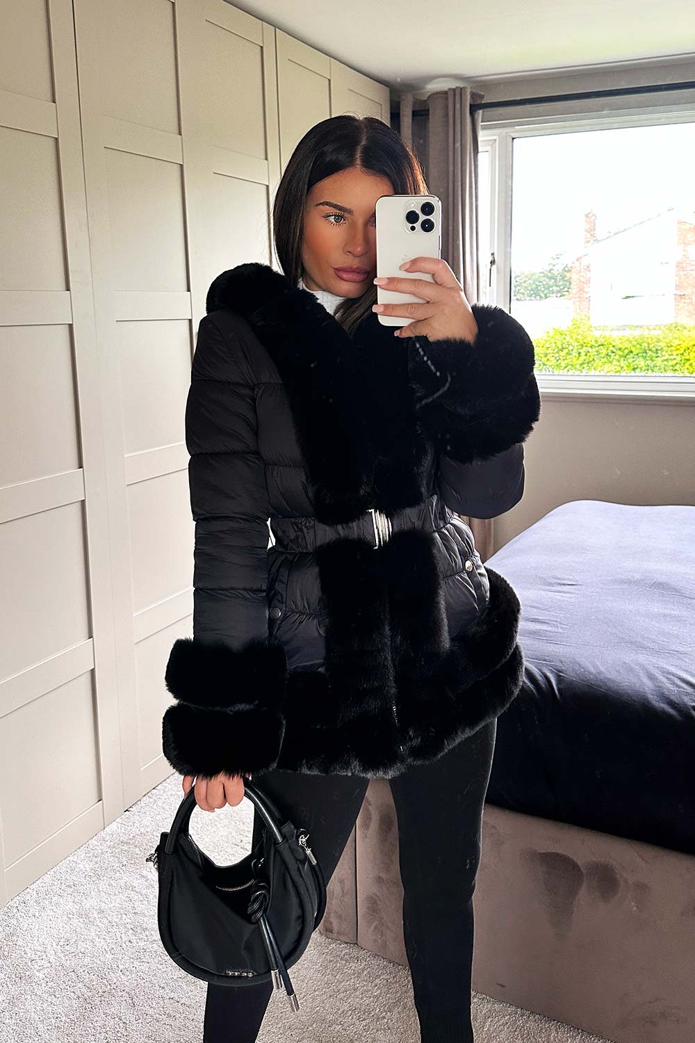 black fur trim hooded puffer jacket with belt