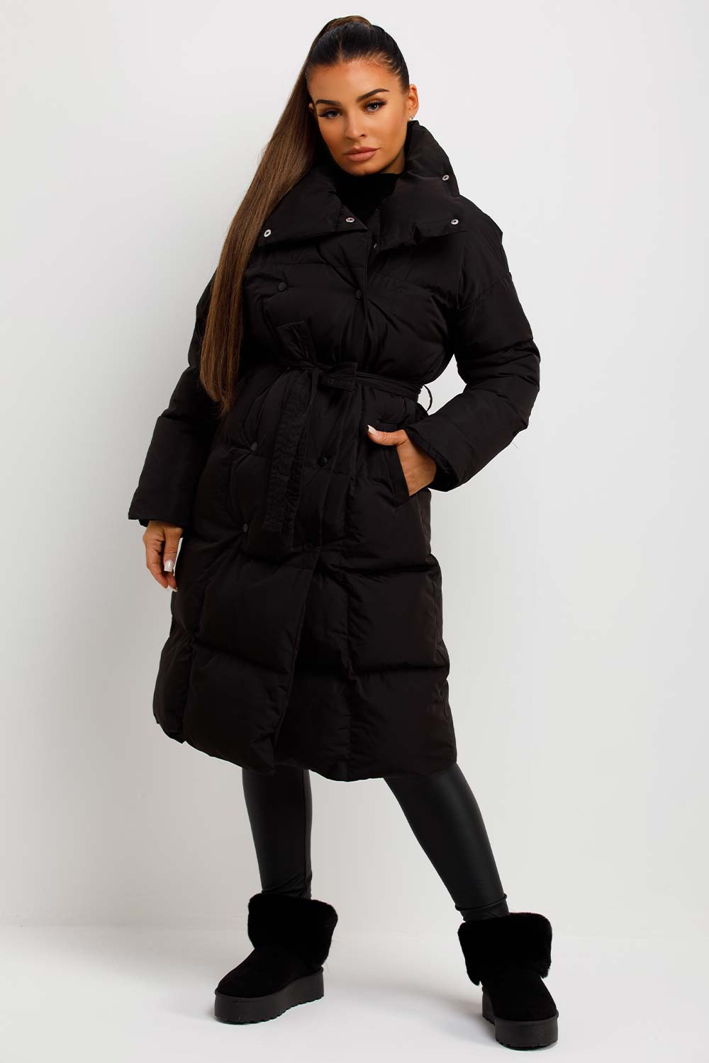 womens long duvet puffer coat with belt