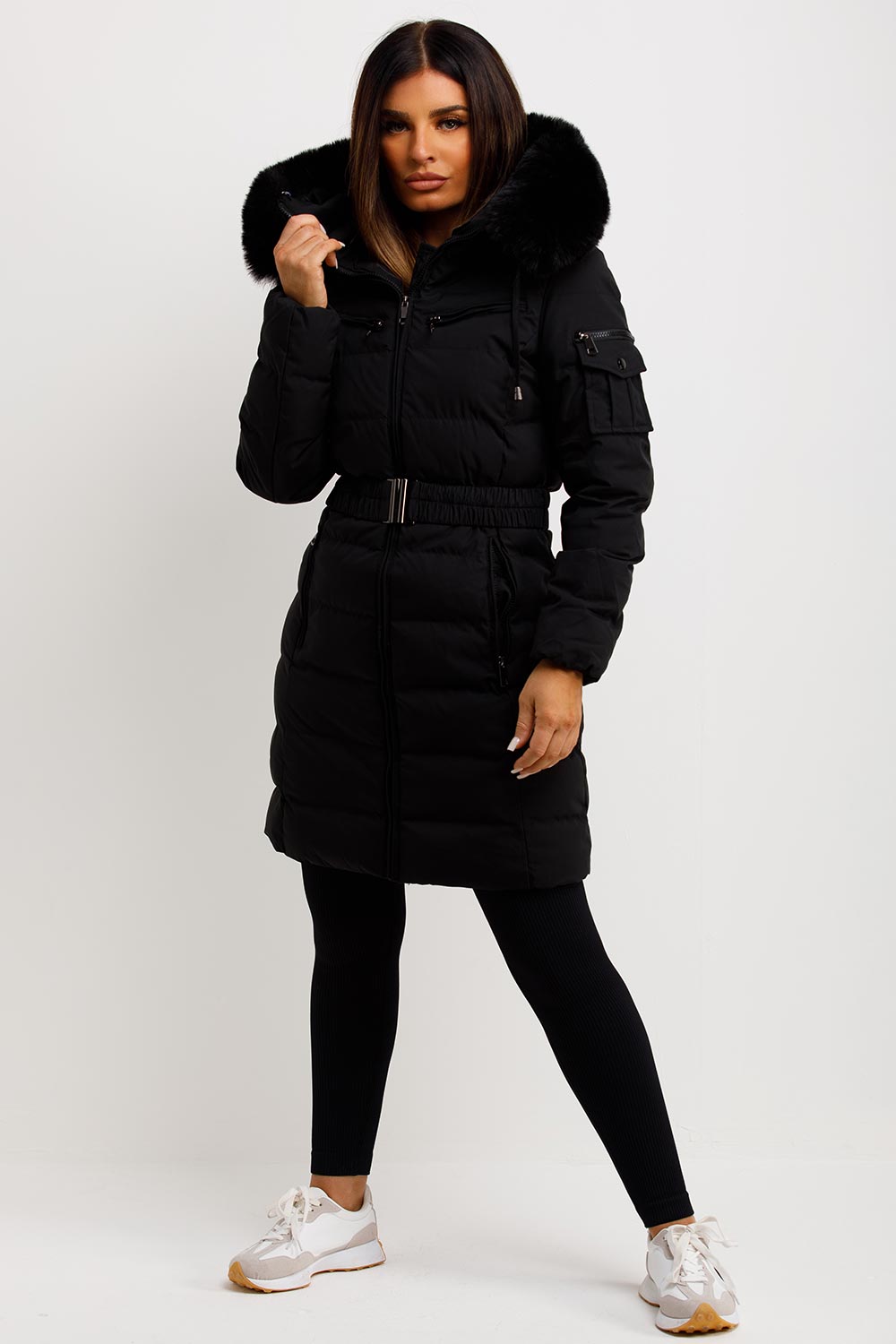 long coat with faux fur hood and belt womens outerwear