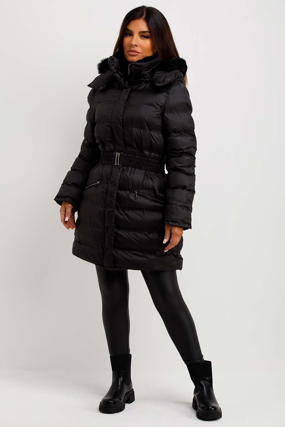 womens padded puffer coat with fur hood and belt
