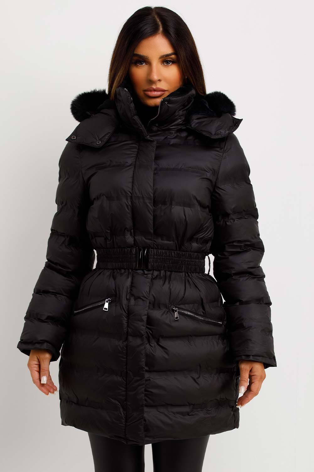 womens puffer padded long coat with fur hood and belt