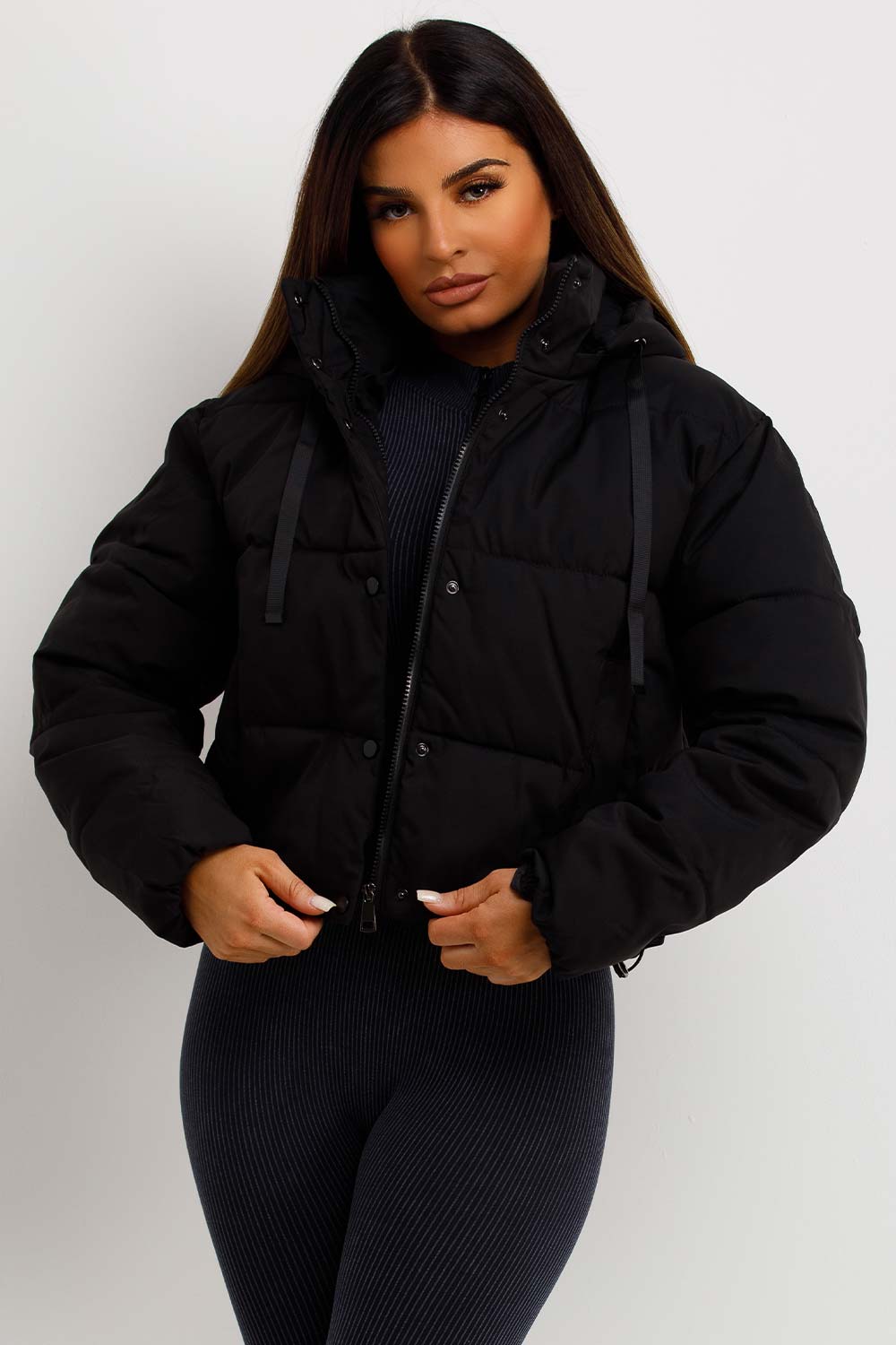womens crop puffer jacket black