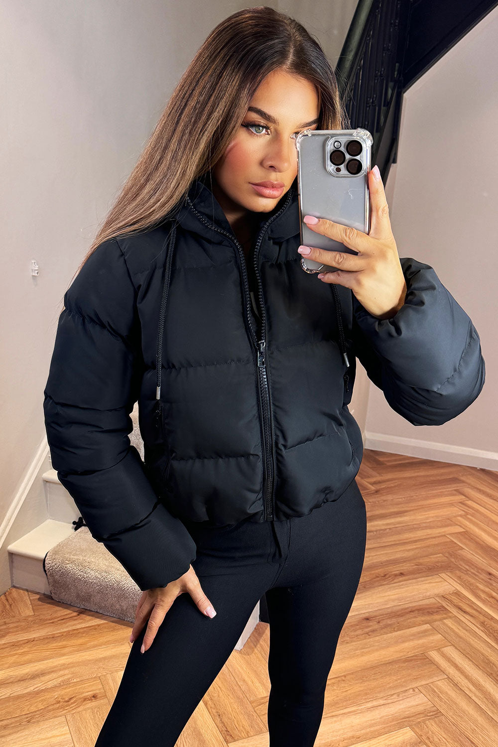 womens black puffer jacket with hood styledup