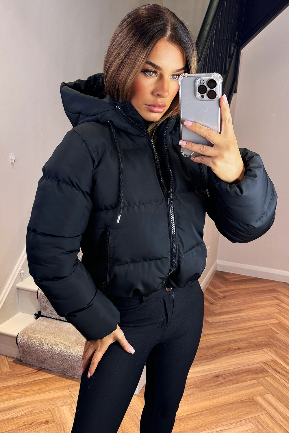 zara womens black puffer jacket with hood