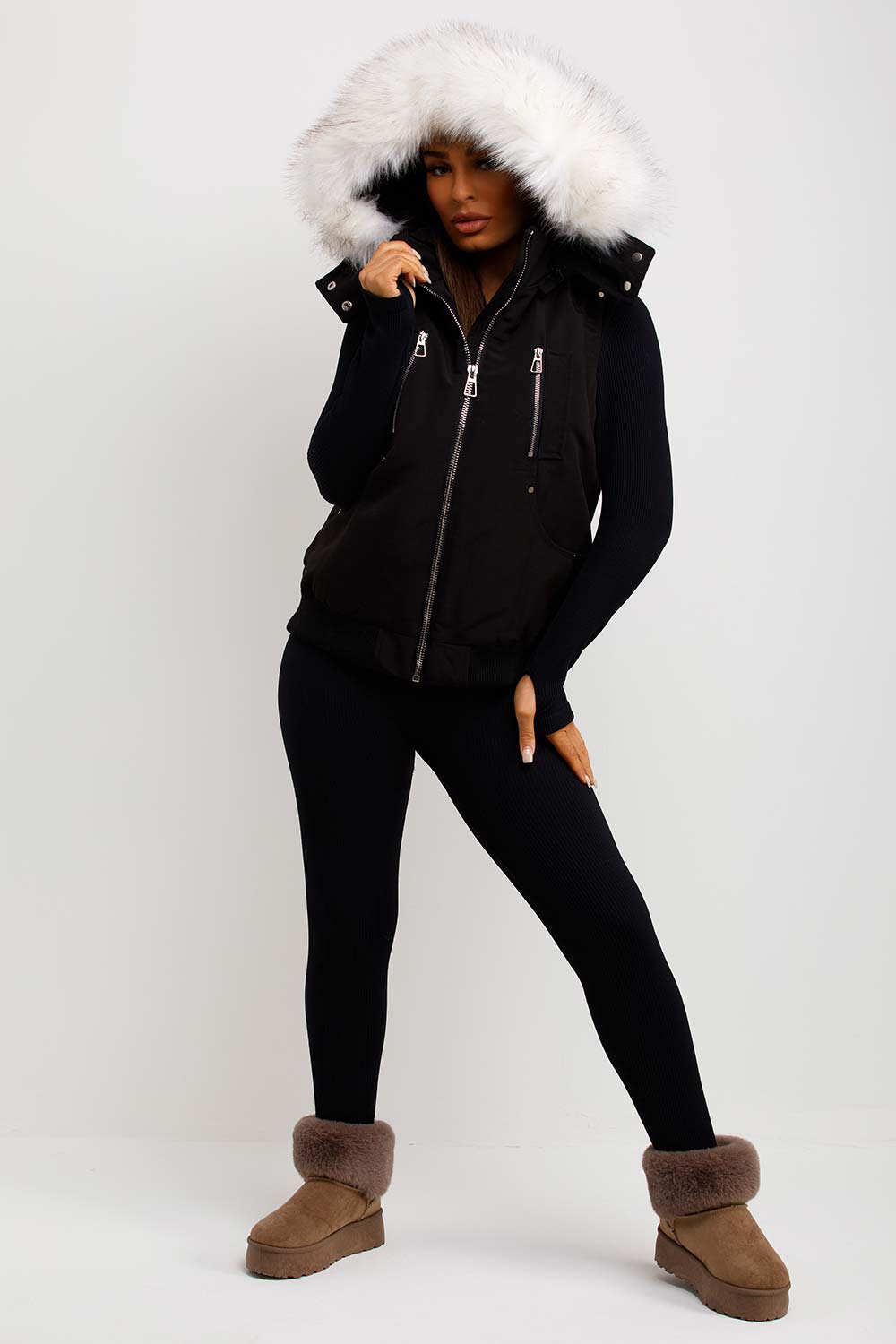 womens gilet with white faux fur hood bodywarmer moose knuckles canada