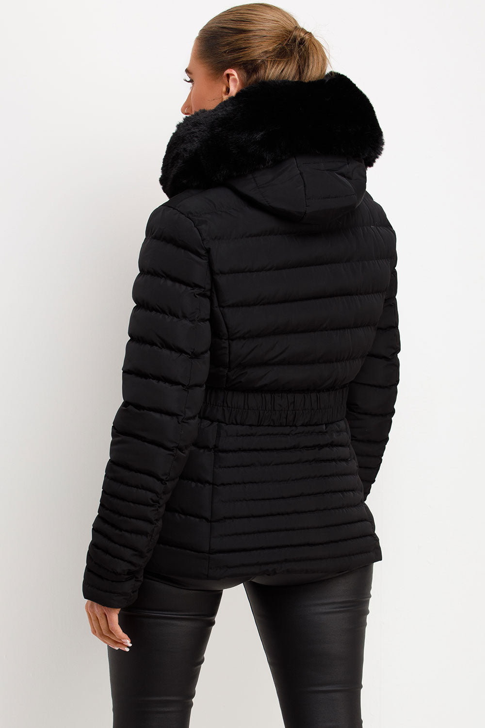 womens puffer jacket with fur hood and belt styledup