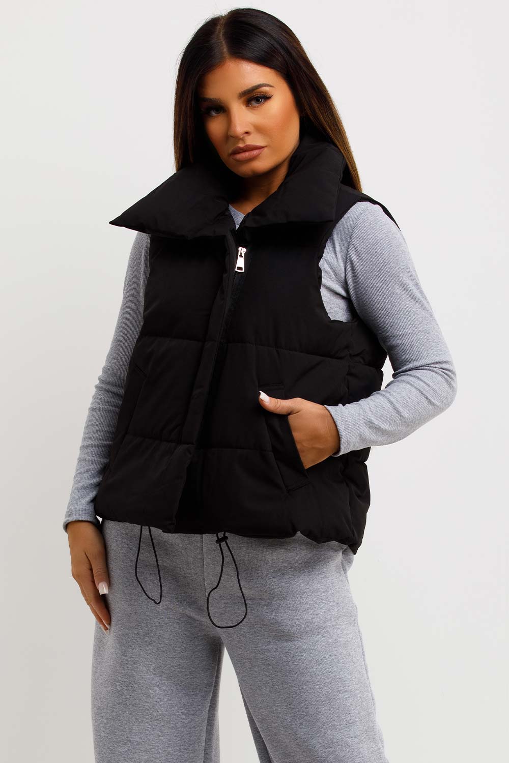 womens puffer duvet gilet black cropped outerwear