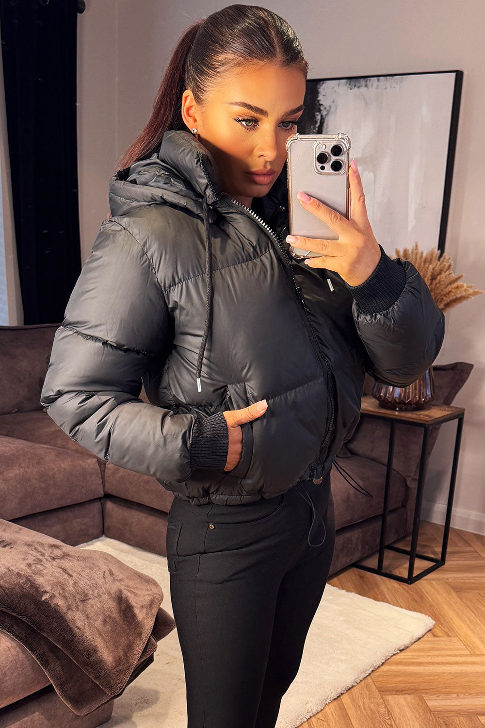 womens black puffer jacket with hood sale styledup