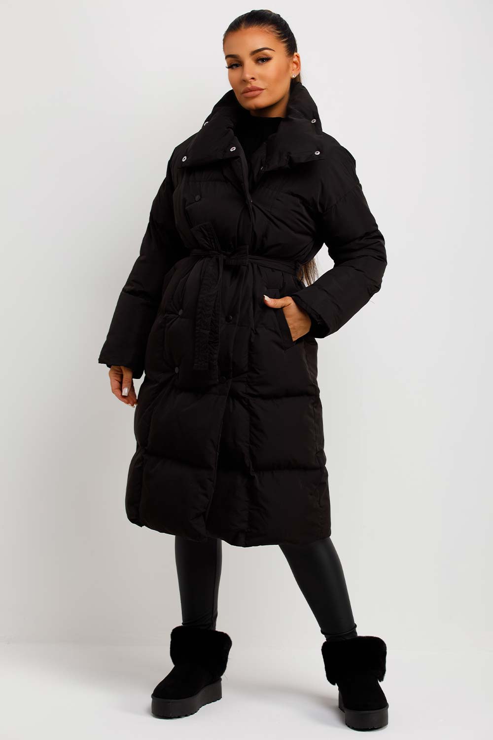 long black puffer padded coat with belt