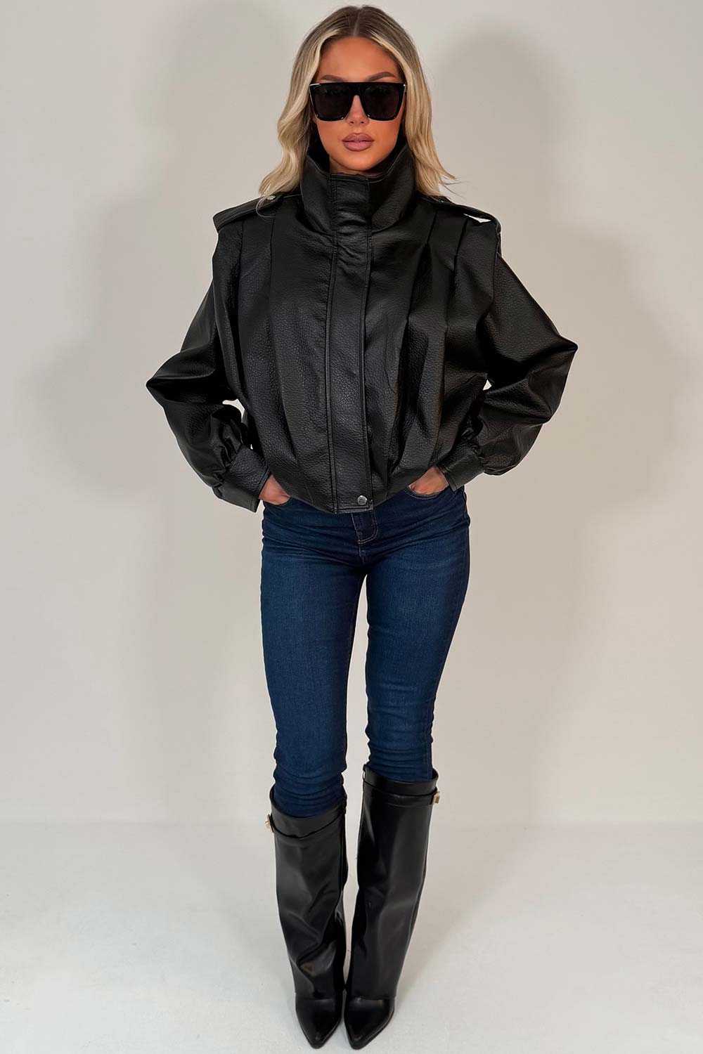 black funnel neck faux leather womens jacket styledup uk