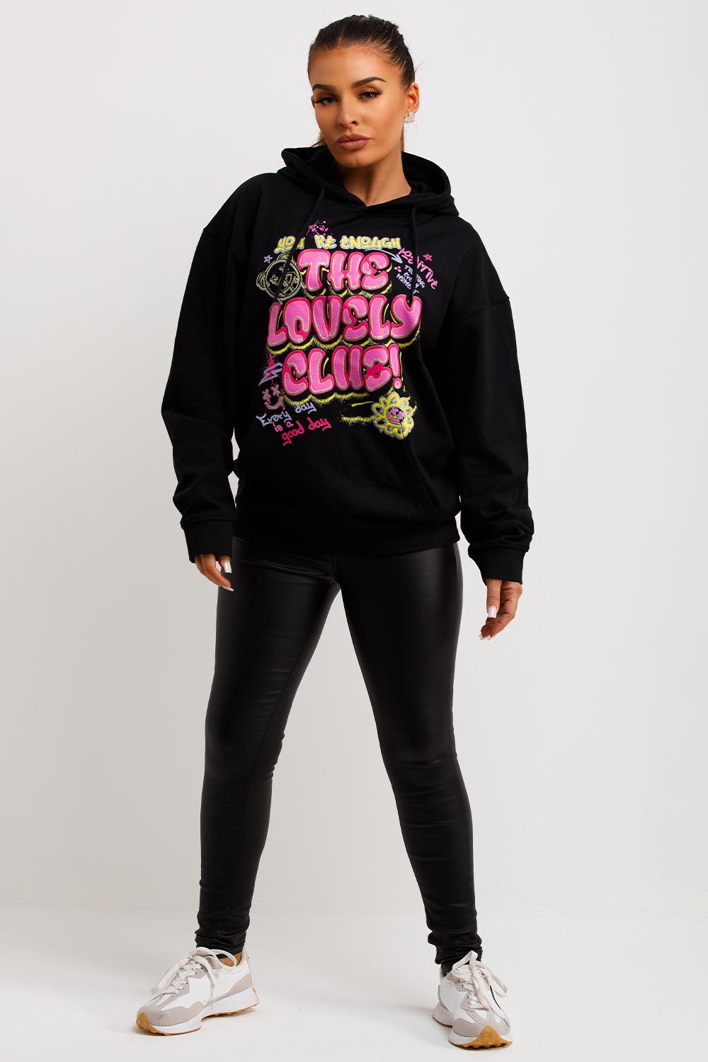 womens oversized hooded sweatshirt with the lovely club slogan