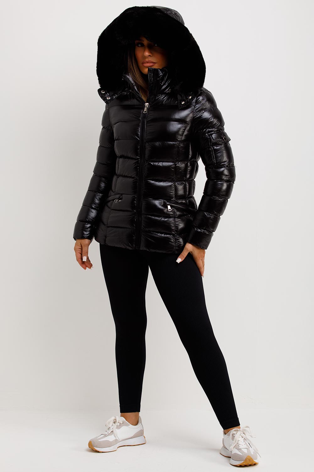 womens fur hood puffer jacket black