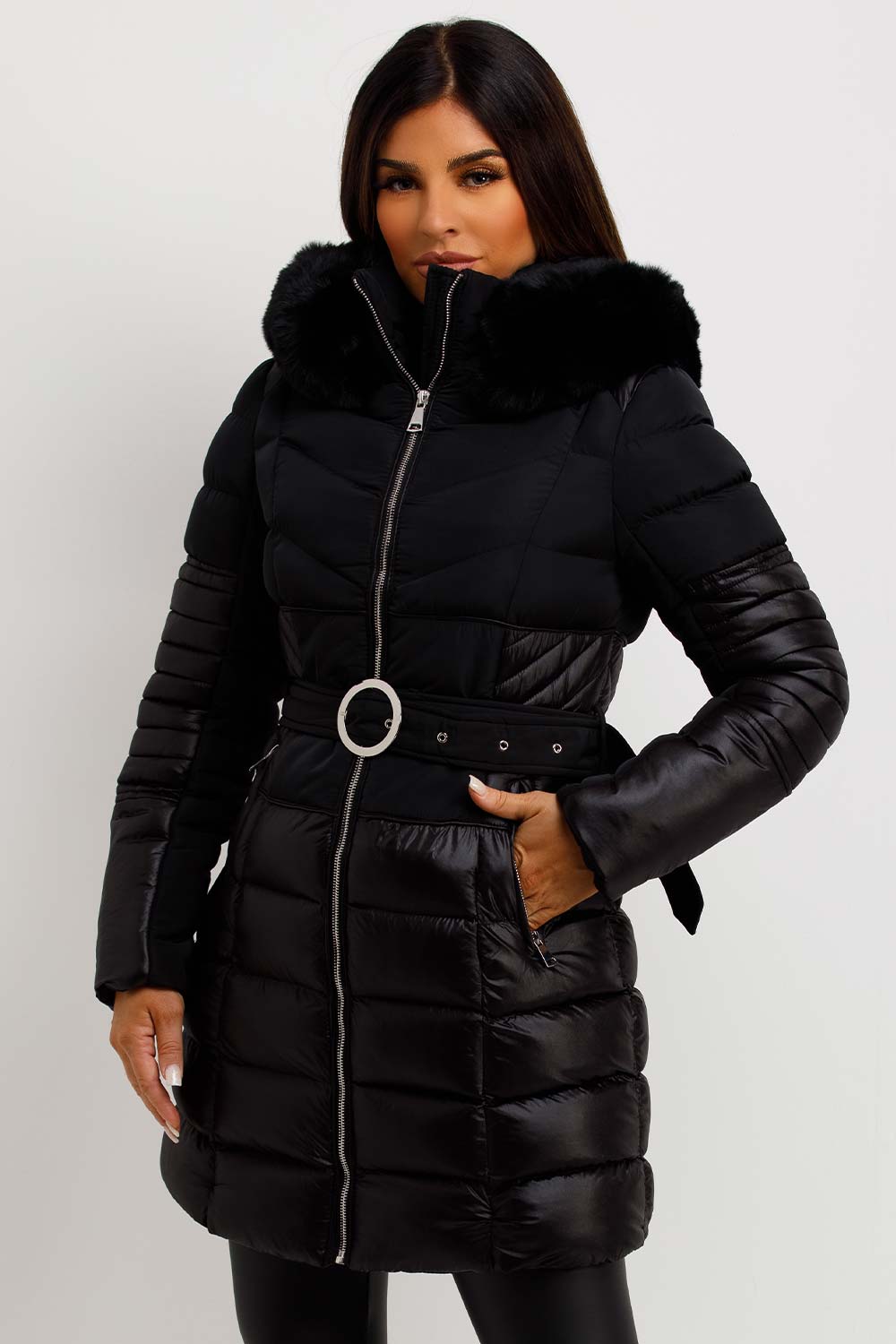 womens puffer padded quilted coat with faux fur hood