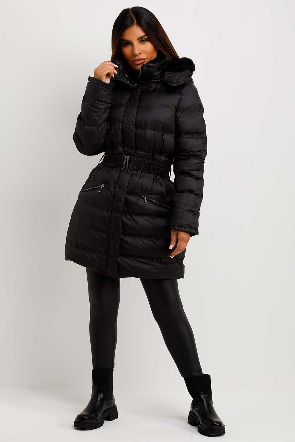 womens fur hood padded puffer coat with belt