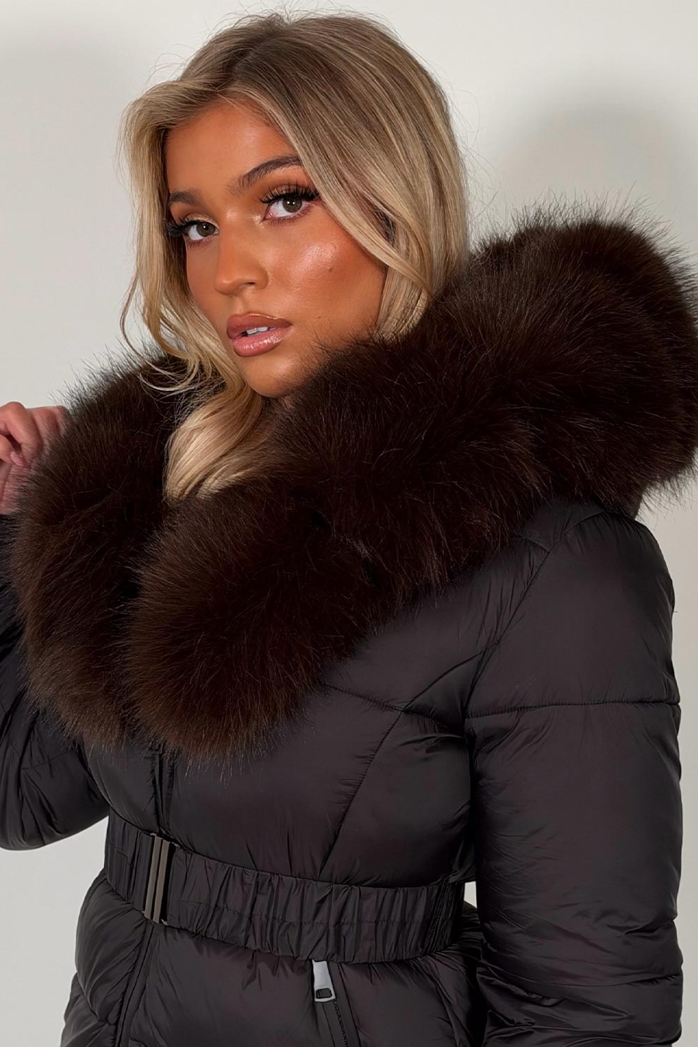 faux fur hood padded puffer winter jacket with cinched waist belt mob wife look styledup uk