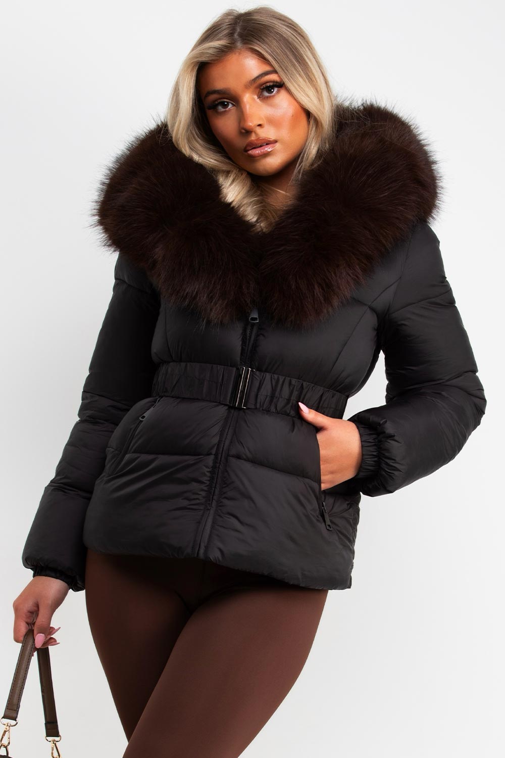 womens fur hood winter jacket with belt uk styledup