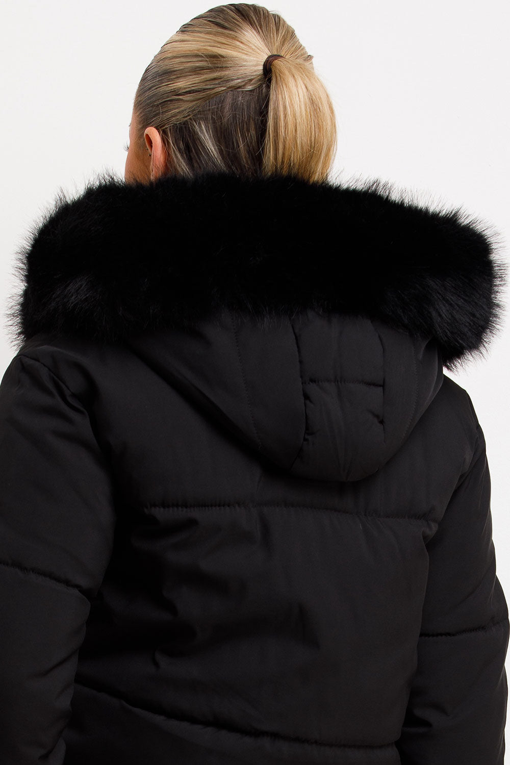 womens black faux fur hood and trim padded bomber jacket winter outerwear