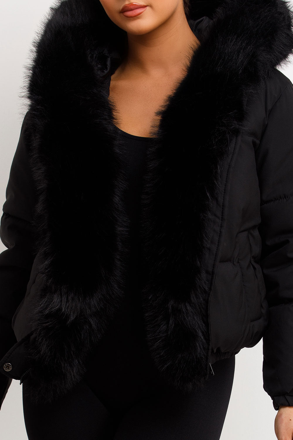 faux fur hood and trim padded puffer bomber jacket for winter womens