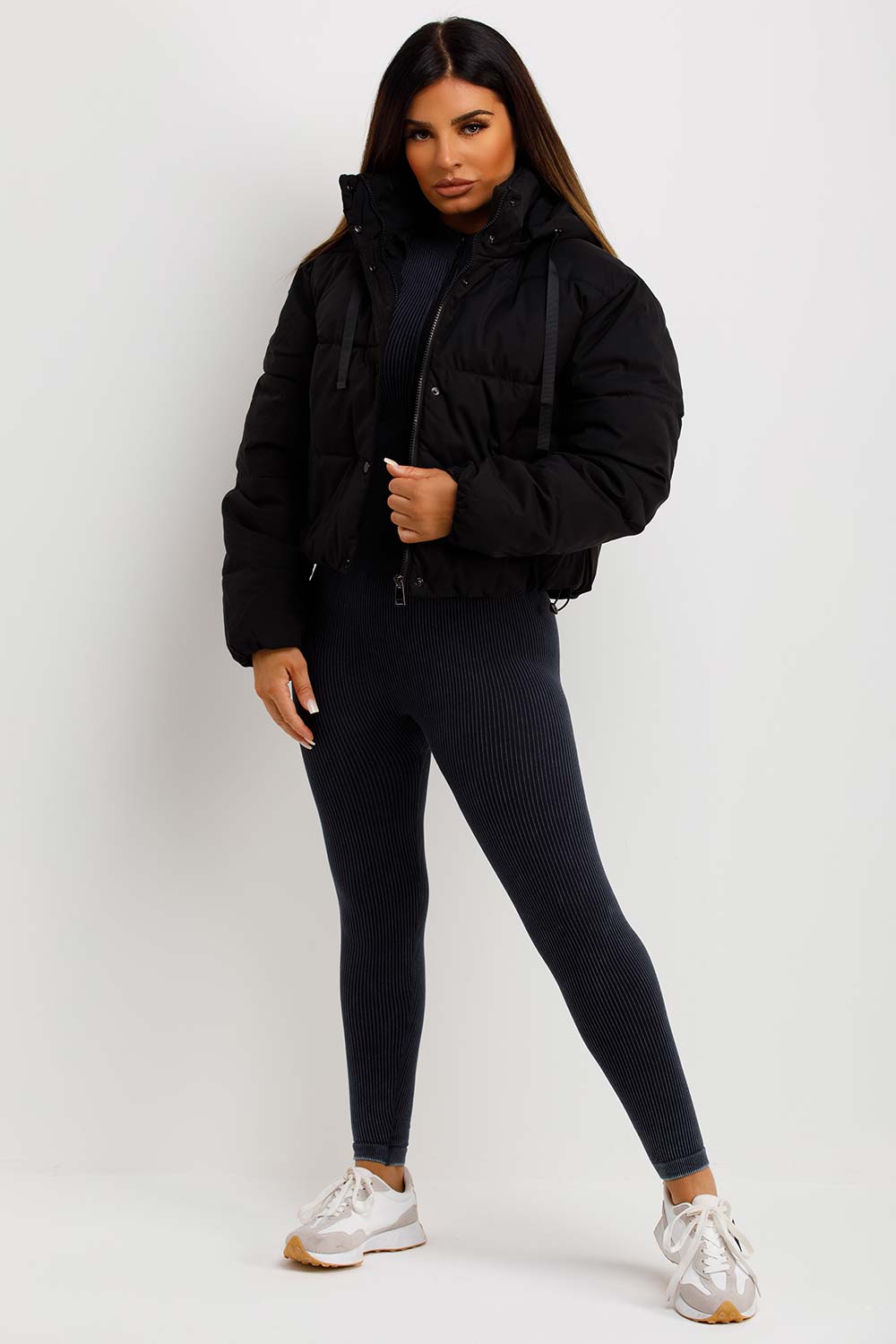 womens padded pufffer hooded jacket black outerwear